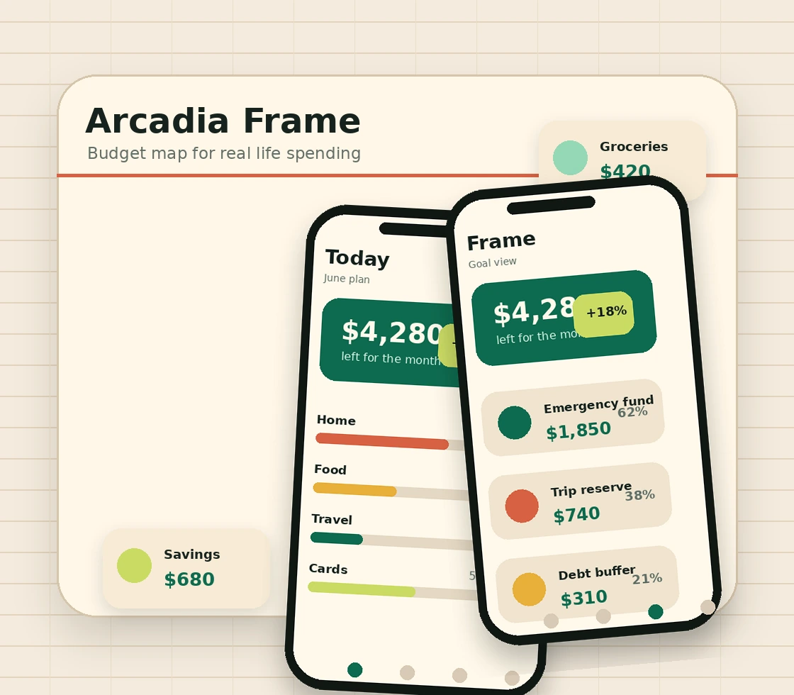 Arcadia Frame mobile budget dashboard shown inside phone mockups